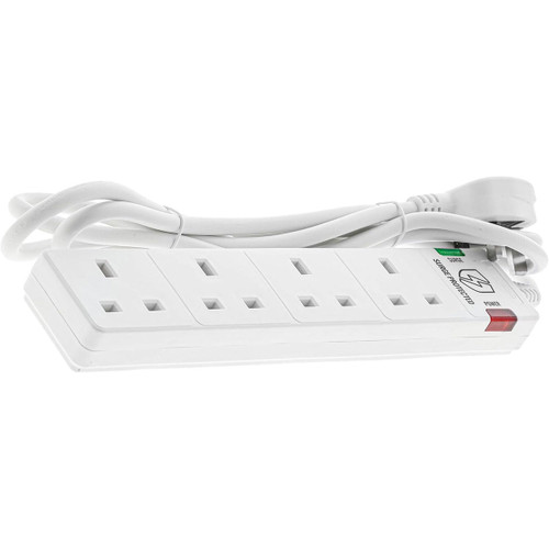 White 4-gang surge protected extension lead with red power switch and indicator lights.