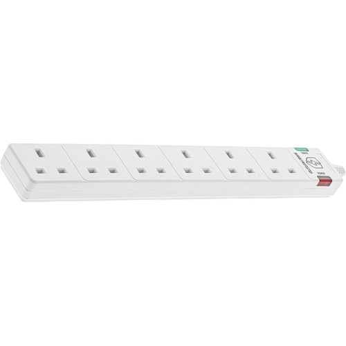 White 6-gang surge-protected extension lead with power switch and indicator lights, featuring a long white mains cable neatly coiled.