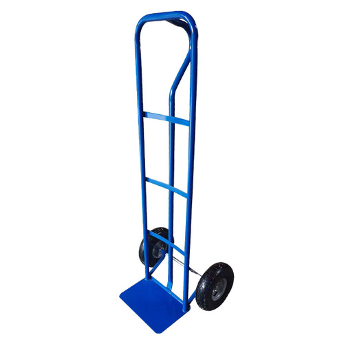 Blue steel sack truck with puncture-proof PU wheels, durable trolley for moving boxes and heavy loads