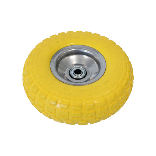 Replacement yellow puncture-proof PU sack truck wheel with steel hub and heavy duty tread