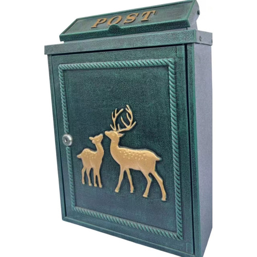 Green wall-mounted post box with embossed gold stag and deer design, lockable front door and traditional style