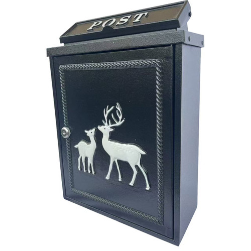 Black wall-mounted post box with embossed white stag and deer design, lockable front door and traditional style