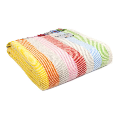 A folded throw with a multicoloured striped design.