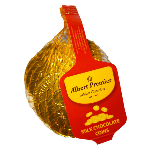 Golden netted bag with Albert Premier milk chocolate coins, featuring a red label reading "Belgian Chocolate." Bright, festive packaging.