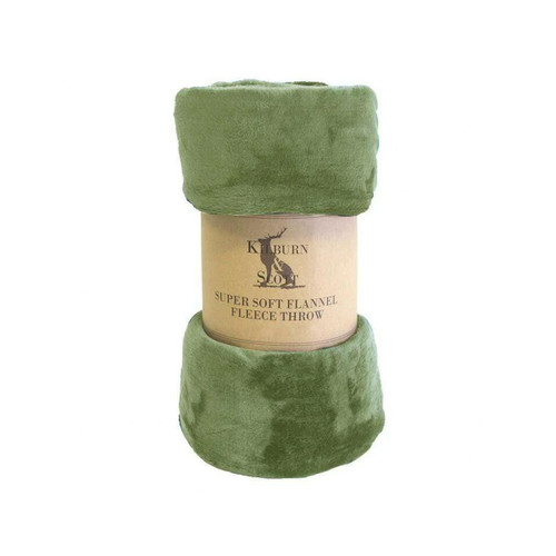 A rolled green super soft flannel fleece throw with a brown paper label.