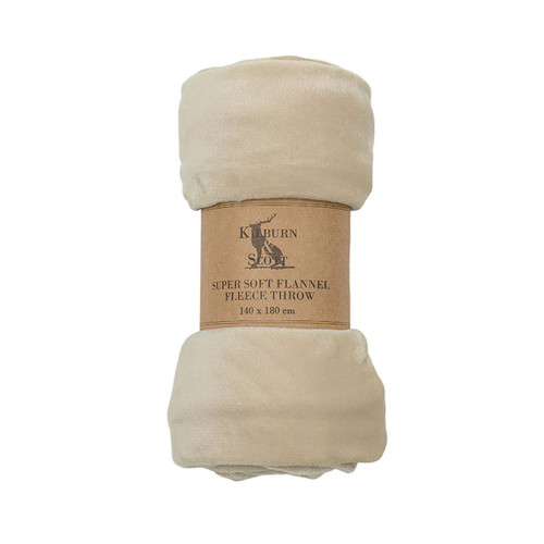 A rolled-up super soft flannel fleece throw in an oatmeal colour, wrapped with a brown paper band.