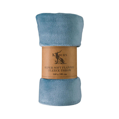 Rolled denim blue flannel fleece throw with Kilburn & Scott label.