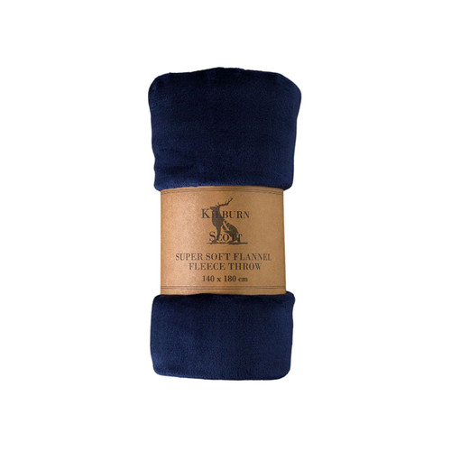 Rolled super soft flannel fleece throw in ink blue, wrapped with a brown Kilburn & Scott label.