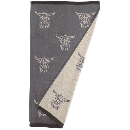 Grey Highland cow patterned cotton hand towel, soft and absorbent bathroom accessory