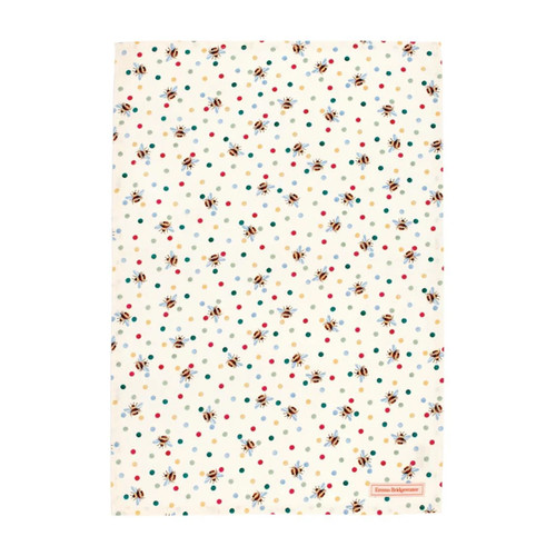 A view of a bumble bee design Emma Bridgewater tea towel on a white background