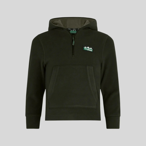 Kids’ deep forest green pullover hoodie with quarter zip, front kangaroo pocket and Ridgeline logo on the chest.