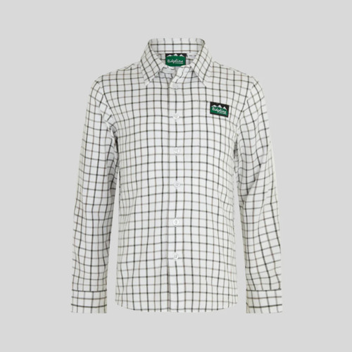 Kids’ Ridgeline Sedgebrook long sleeve shirt in cream with black check pattern, featuring a button-up front and small woven Ridgeline logo on the chest.