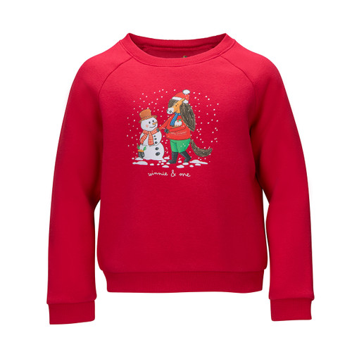 A front view of a children's Winnie & Me Christmas jumper on a white background