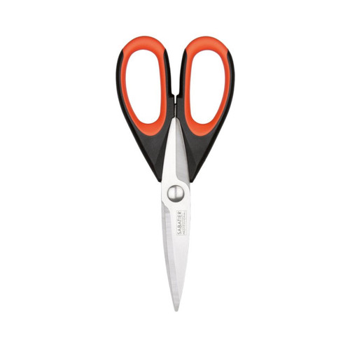A view of a pair of kitchen scissors on a white background