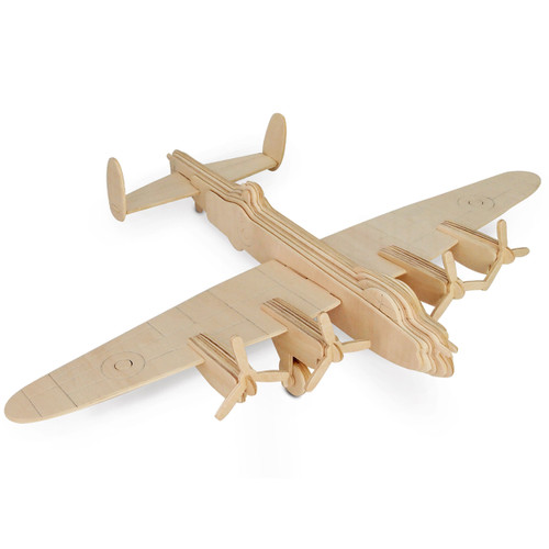 Wooden model airplane depicting a four-engine bomber, with detailed propellers and wings. The natural wood tone conveys a vintage, handcrafted feel.