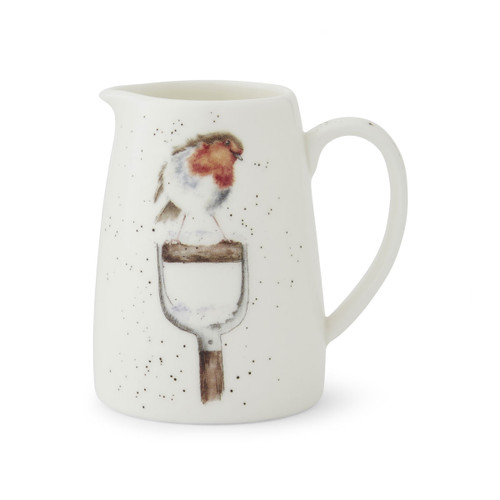 White fine bone china jug decorated with Wrendale Designs artwork by Hannah Dale, featuring a robin perched on a garden spade handle.
