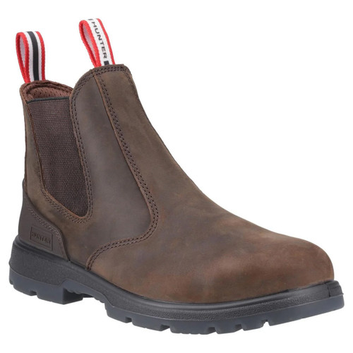 A front view of a pair of men's hunter dealer boots on a white background