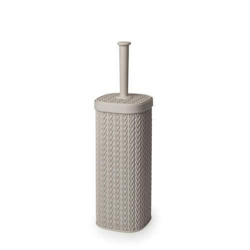 A view of a cream toilet brush and holder on a white background