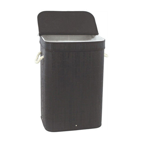 A view of a black bamboo laundry basket on a white background