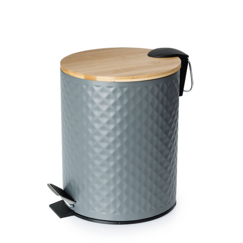 A grey and wood effect pedal bin on a white background