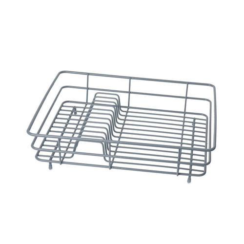 A view of a grey wire dish rack on a white background