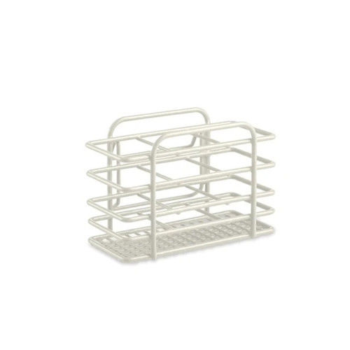 A view of a cream wire cutlery holder on a white background