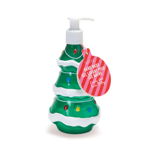 Festive Christmas tree-shaped hand wash bottle with a white pump dispenser, decorated with colourful baubles and snow detail.