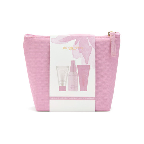 Pink Body Collection England toiletry bag with a front label showing three products – body wash, body mist, and body butter – in pastel pink packaging.