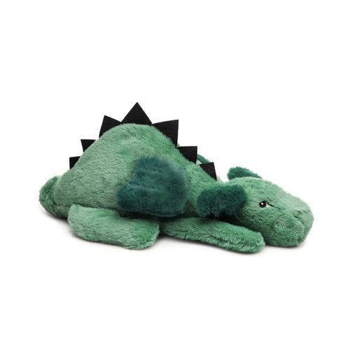 A green plush dragon hot water bottle lying on its side, featuring dark green wings and black fabric spikes along its back.