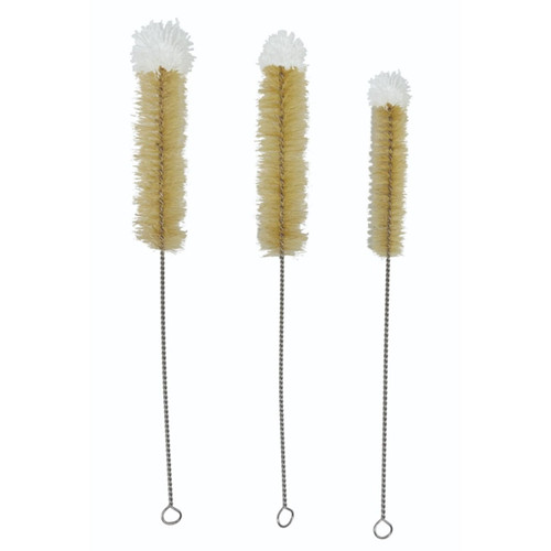 Set of three bottle cleaning brushes with long wire handles and stiff bristles, ideal for scrubbing bottles and narrow containers.