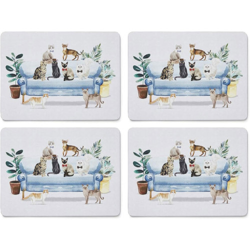 Set of four rectangular placemats featuring Curious Cats design with illustrated cats on a blue sofa surrounded by plants.