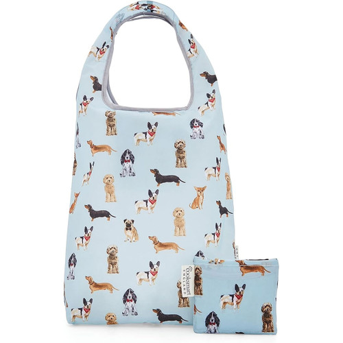 Cooksmart England Curious Dogs large eco bag with foldable pouch, decorated with dog illustrations on a pale blue background.