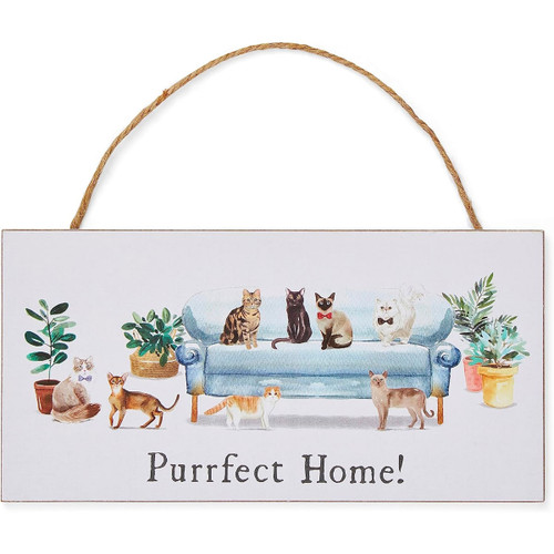 Wooden hanging plaque with rope handle, decorated with cats on a sofa and the phrase "Purrfect Home!".