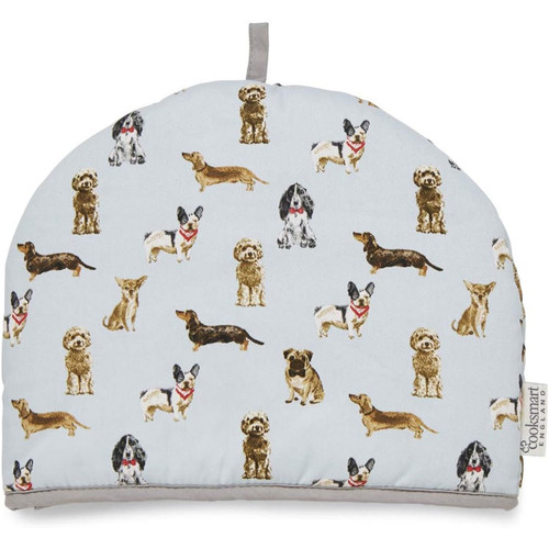 Fabric tea cosy with Curious Dogs print featuring dachshunds, pugs, French bulldogs, and spaniels on a light blue background.