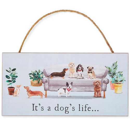 Wooden hanging sign with Curious Dogs design showing illustrated dogs on a sofa and the phrase “It’s a dog’s life.”