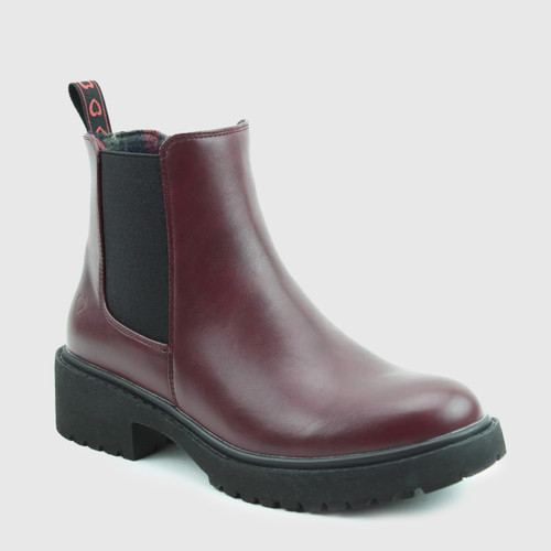 A front view of a burgundy ankle Heavenly Feet Chelsea boot on a white background