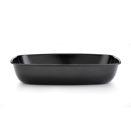 A black rectangular baking pan with rounded edges sits on a white surface. The pan's sleek, smooth design suggests non-stick properties.