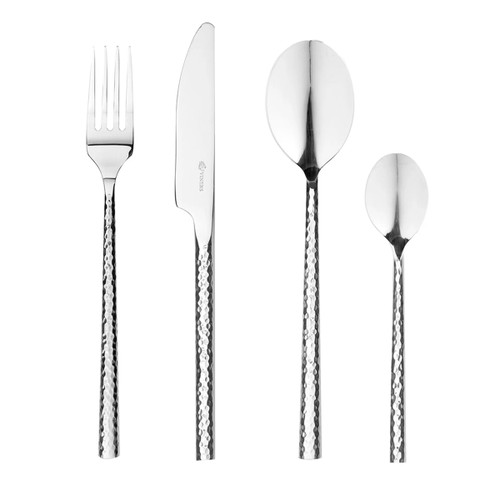 A set of four stainless steel utensils with hammered handles: a fork, knife, tablespoon, and teaspoon. The modern design conveys elegance.