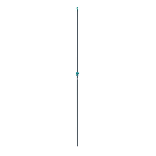 A long, slender, grey metal pole with a turquoise attachment near the top, set against a white background, conveying simplicity and functionality.