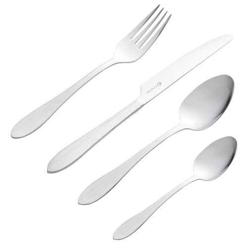 A sleek four-piece stainless steel cutlery set on a white background, featuring a fork, butter knife, tablespoon, and teaspoon, conveying elegance.