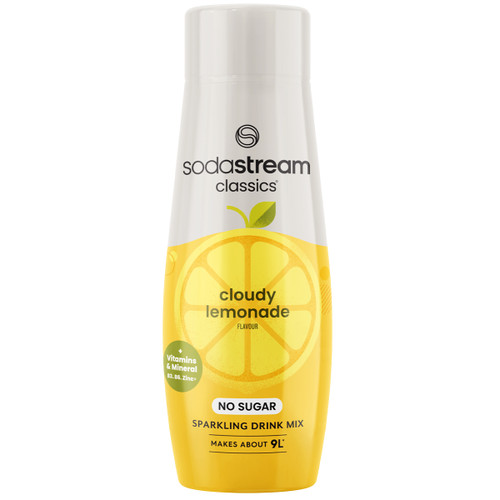 Bottle of SodaStream Classics Cloudy Lemonade drink mix. Yellow and white packaging features a lemon graphic and labels indicating "no sugar" and vitamins.