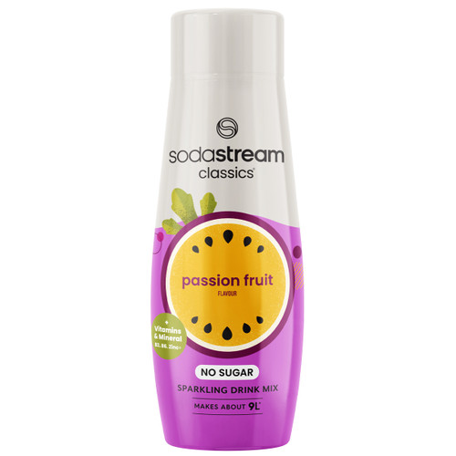 Bottle of SodaStream Classics Passion Fruit Sparkling Drink Mix, labelled "No Sugar." The design is vibrant purple with a passion fruit graphic.