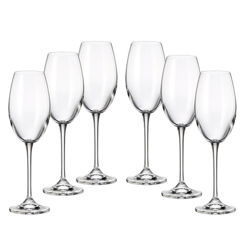 Six elegant, clear wine glasses are symmetrically arranged against a white background, conveying a sense of sophistication and balance.