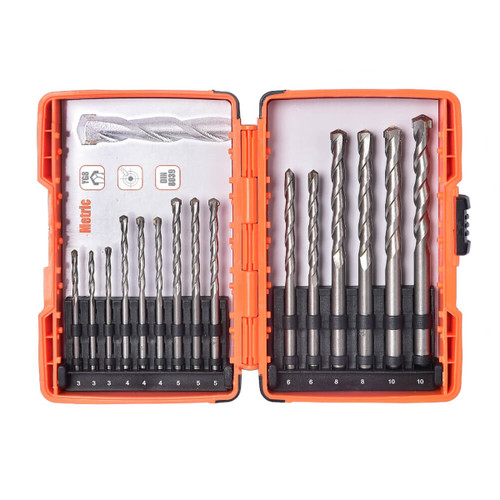 A view of a 15 piece masonry drill bit set on a white background
