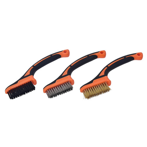 A view of a 3 pack of wire brushes, including nylon, brass, and stainless steel on a white background