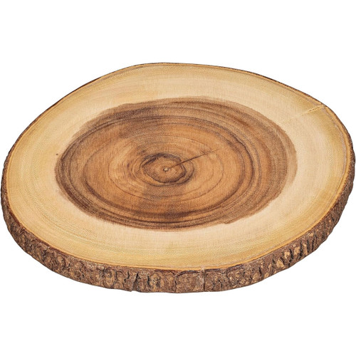 A rustic Tala Naturals acacia wood slice board with natural bark edge and smooth wooden grain surface.