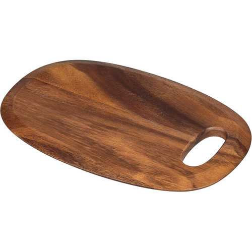 Rustic oval acacia wood chopping board with smooth finish and integrated handle slot.