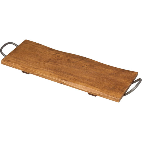 Long hevea wood board with a smooth finish and two curved metal handles, ideal for serving.