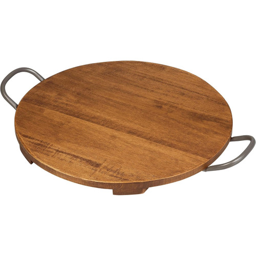Natural wood grain circular board raised on small feet with two sturdy silver handles on each side.