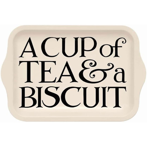 Rectangular cream serving tray with bold black typography reading “A Cup of Tea & a Biscuit” in vintage-style font.
